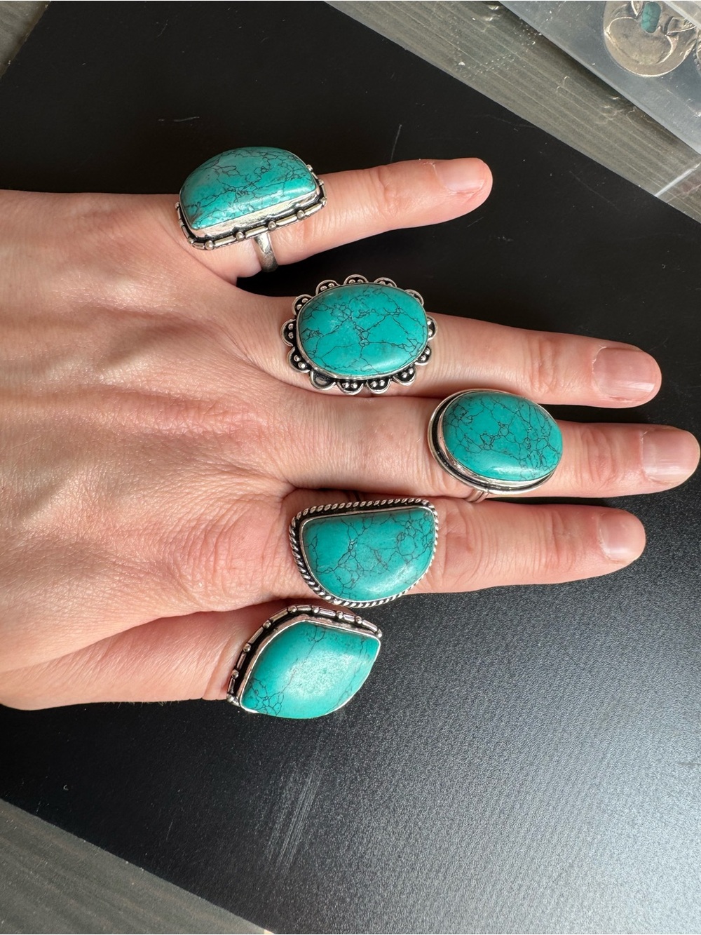 Reseller Bundle. 5- .925 stamped rings, 5-.925 turquoise colored pendants - Picture 7 of 9